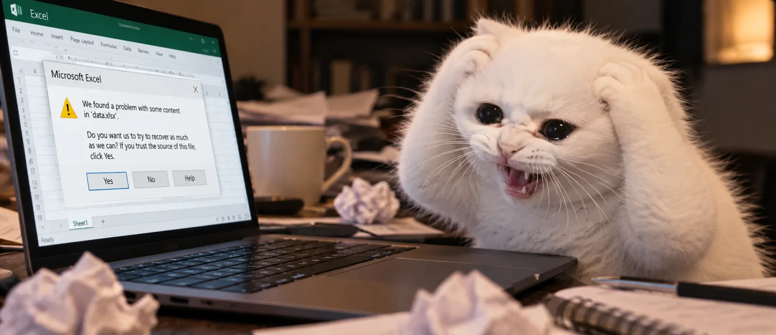 A furious white cat clutching its head beside a laptop showing Excel's “We found a problem with some content” dialog